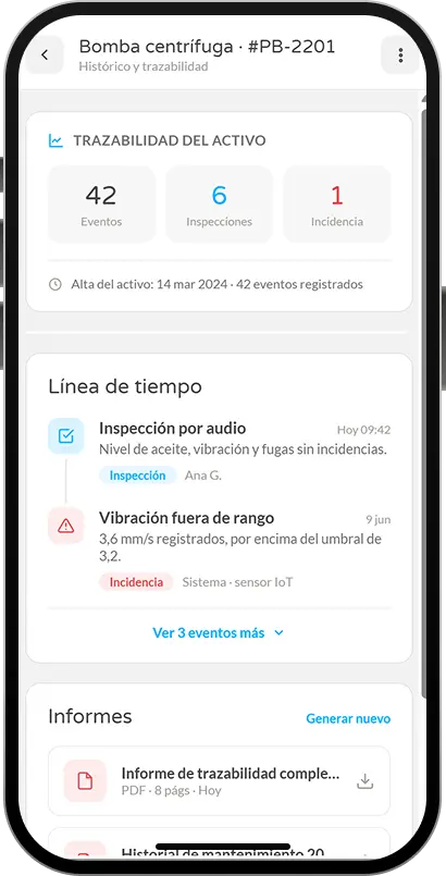 Histórico, trazabilidad e informes - línea de tiempo del activo